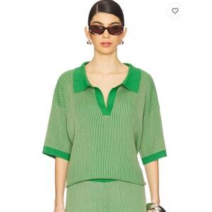 Sancia Ribbed Knit XS Polo Top Green Contrast Collar Short Sleeve